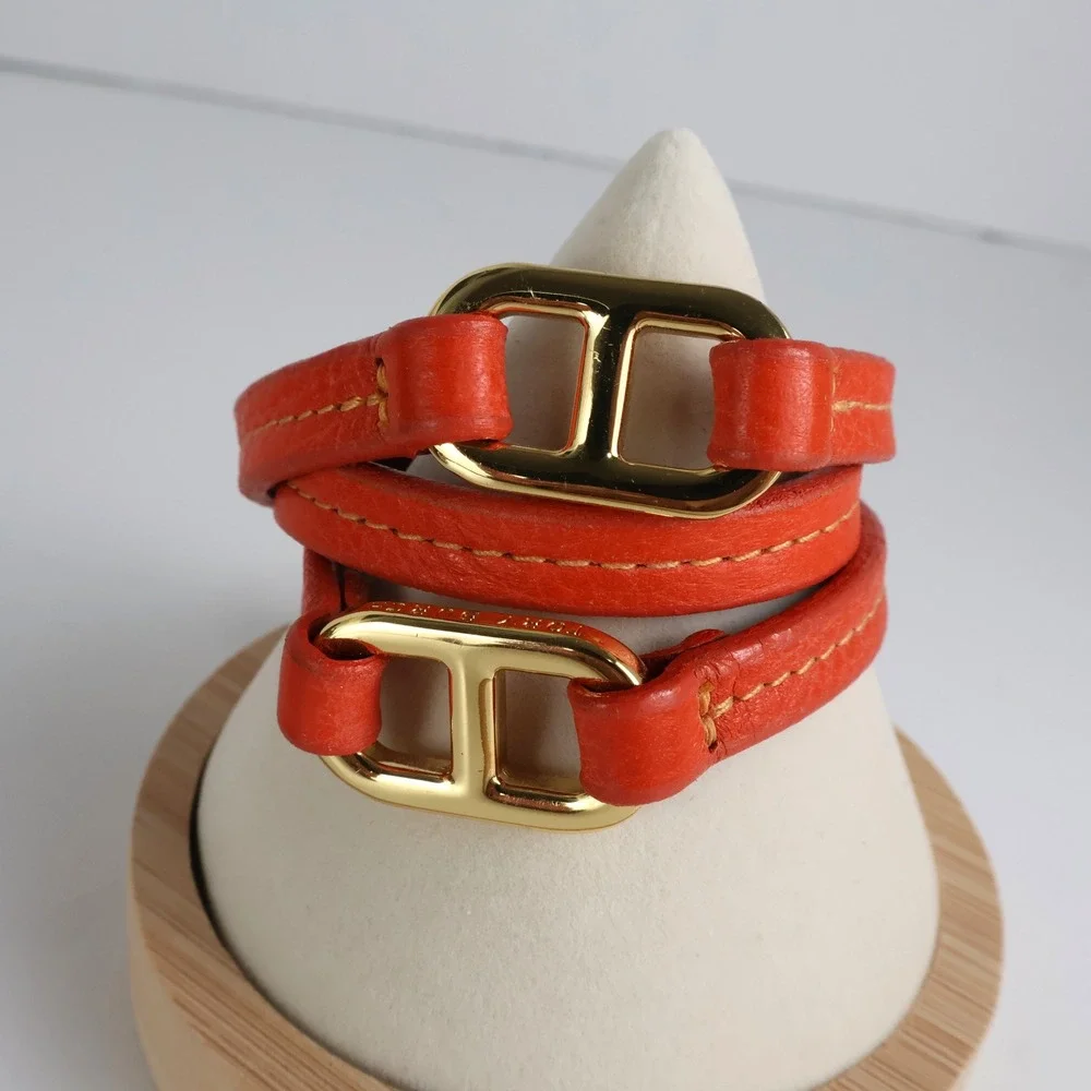 Tory Burch Orange Leather Triple Wrap Bracelet Gold Logo Hardware Small Wrist